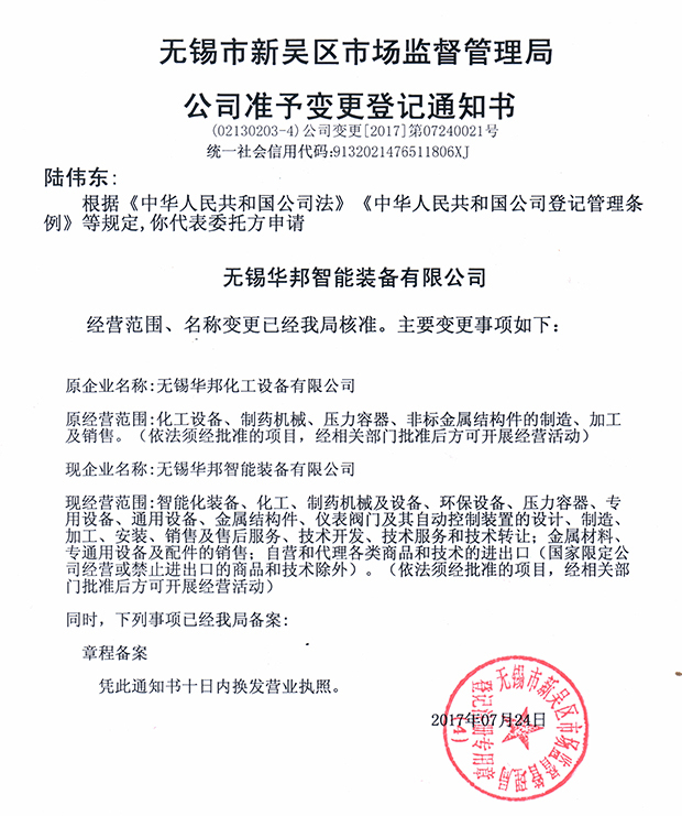 無(wú)錫華邦化工設(shè)備有限公司變更通知！